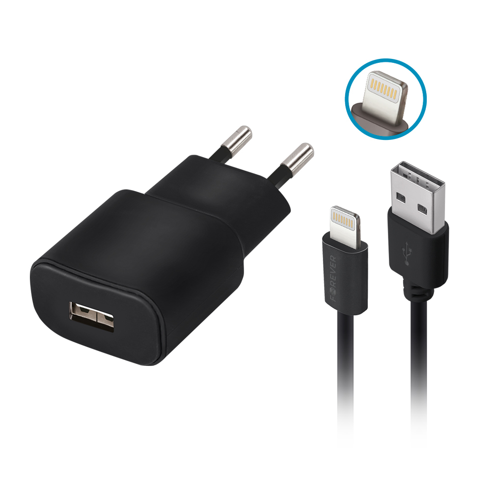 Forever TC-01 laddare 1x USB 2A svart + Lightning kabel
