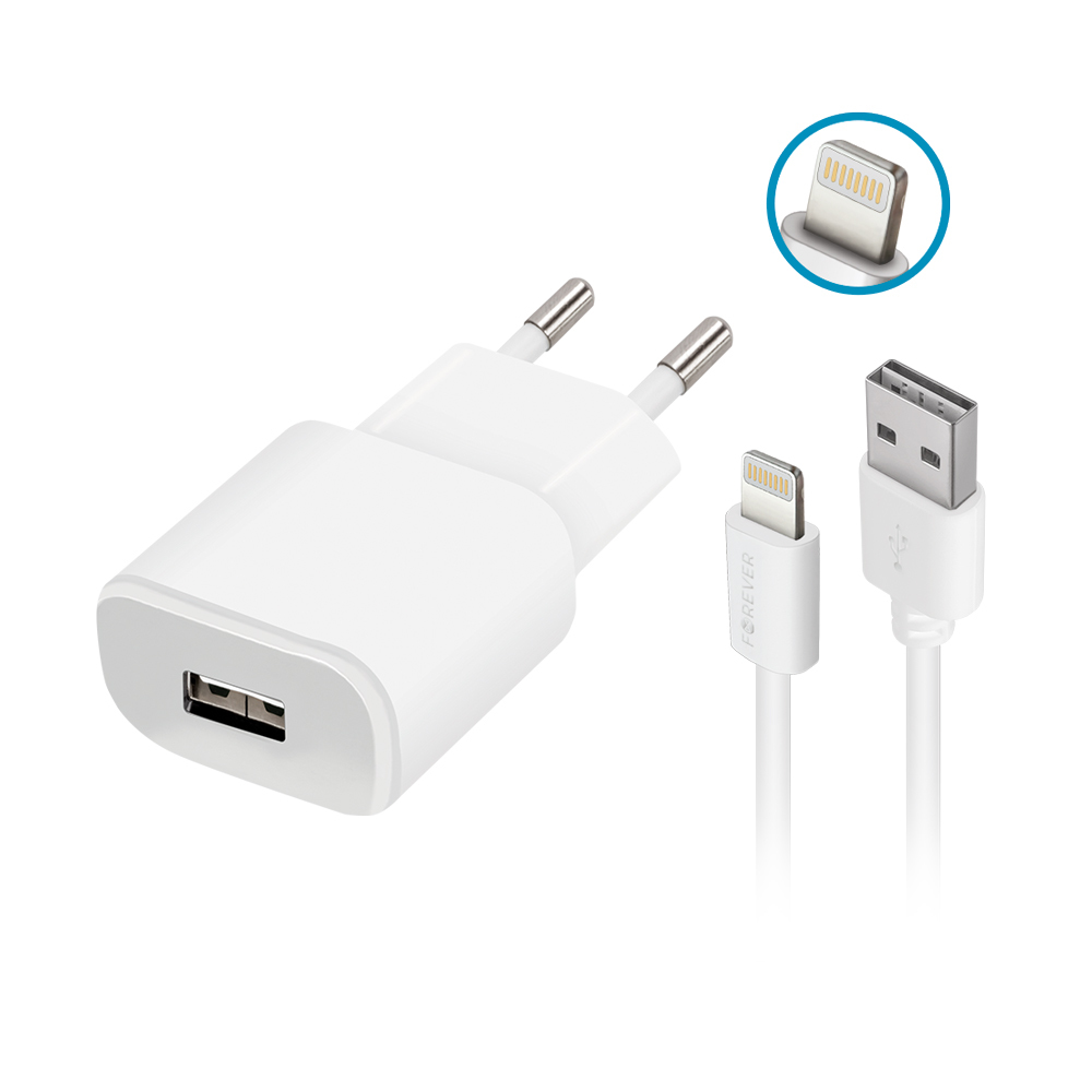 Forever TC-01 laddare 1x USB 1A vit + Lightning kabel