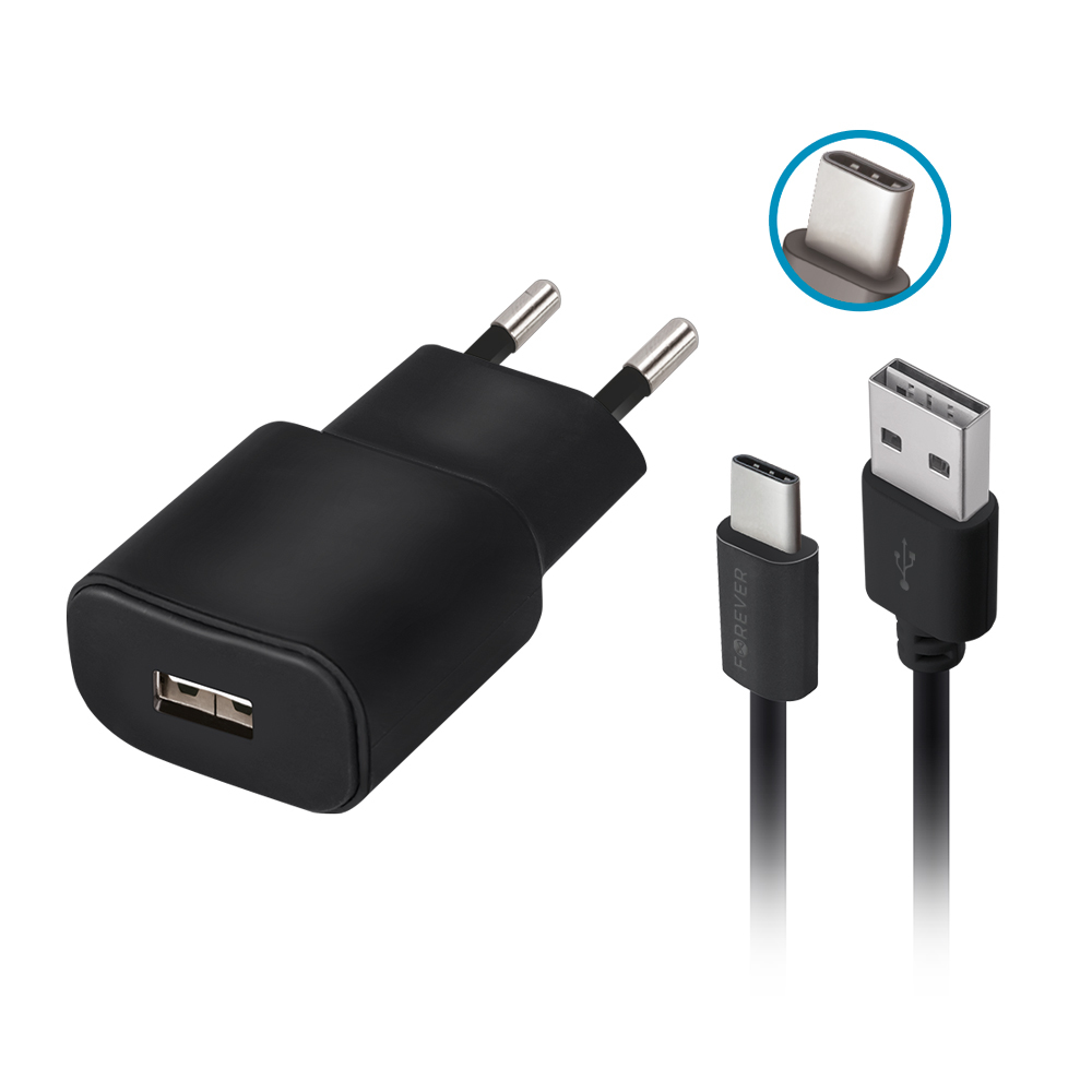 Forever TC-01 laddare 1x USB 2A svart + USB-C kabel