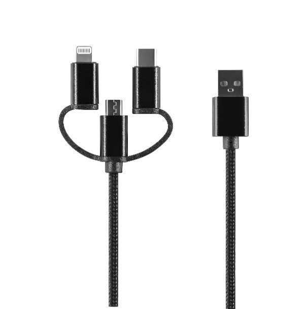 Setty 3in1 kabel USB - Lightning + USB-C + microUSB 1,0 m 2A svart nylon DT