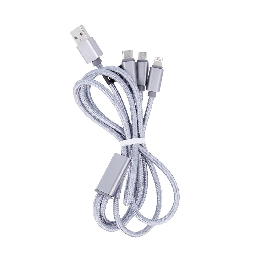 Maxlife 3in1 kabel USB - Lightning + USB-C + microUSB 1,0 m 2,1A grå nylon