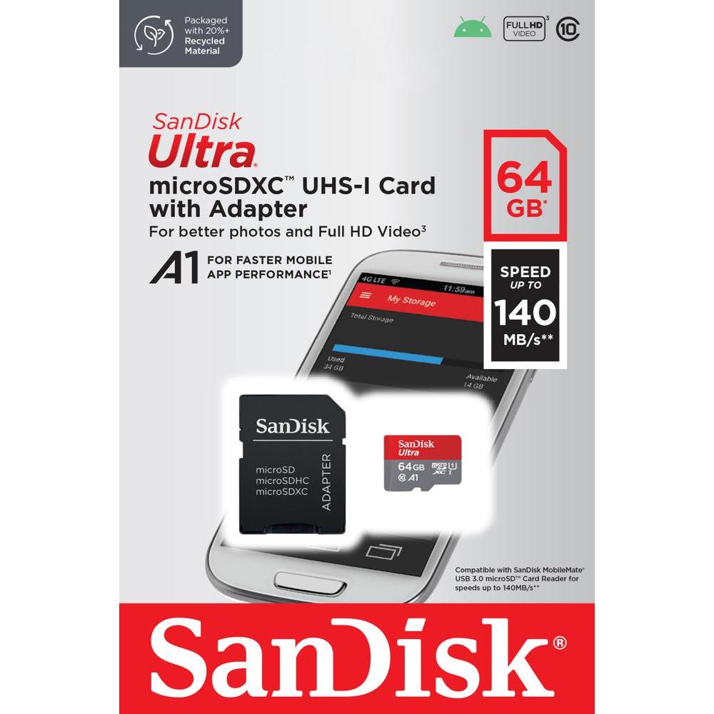 SanDisk memory card Ultra Android microSDXC 64GB 140MB / s A1 Cl 10 UHS-I + adapter