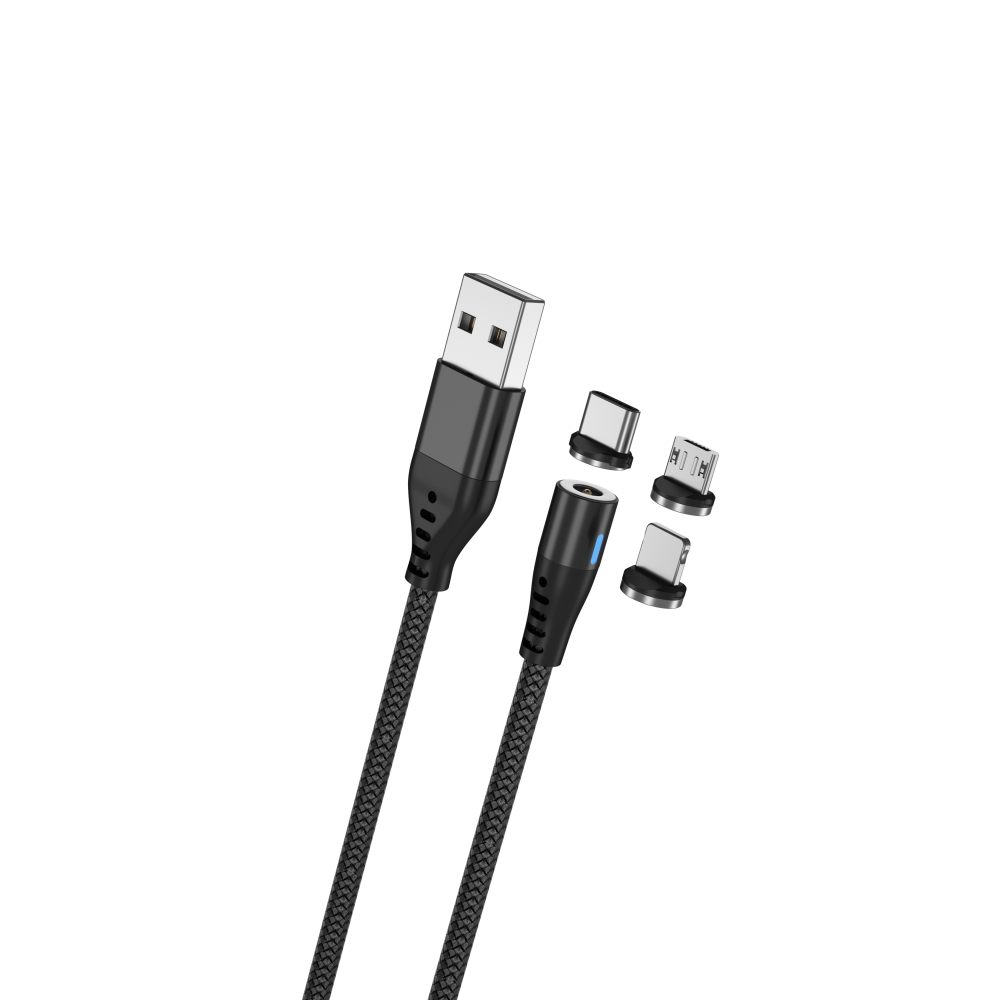 Maxlife MXUC-02 magnetic kabel USB - Lightning + USB-C + microUSB 1,0 m 2A svart nylon