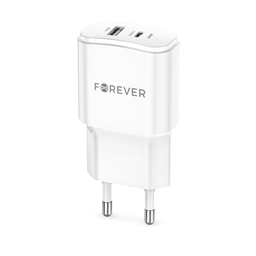Forever TC-01-20AC PD QC laddare 1x USB-C 1x USB 20W vit