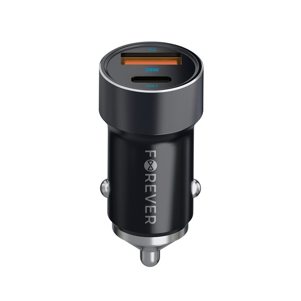Forever CC-06 PD QC car laddare 1x USB-C 1x USB 20W svart + USB-C - USB-C kabel 60W