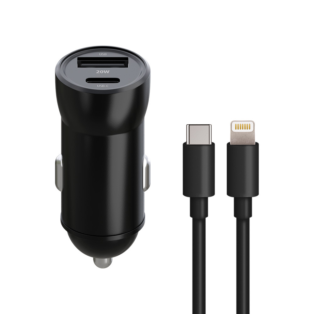 Maxlife MXCC-04 PD QC car laddare 1x USB-C 1x USB 20W svart + USB-C - Lightning kabel 27W