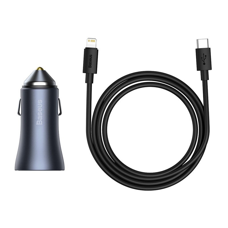 Baseus car laddare Golden Contactor Pro 1x USB 1x USB-C QC 40W svart + kabel Lightning - USB-C