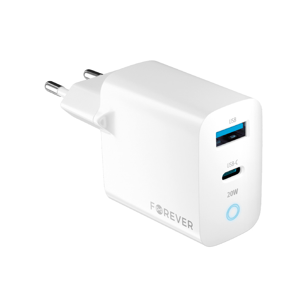 Forever TC-06-20AC PD QC laddare 1x USB-C 1x USB 20W vit