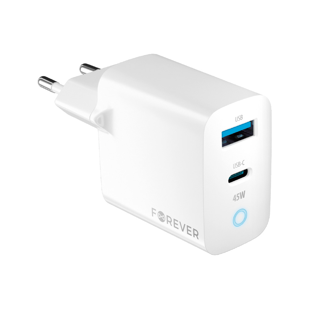 Forever TC-06-45AC GaN PD QC laddare 1x USB-C 1x USB 45W vit