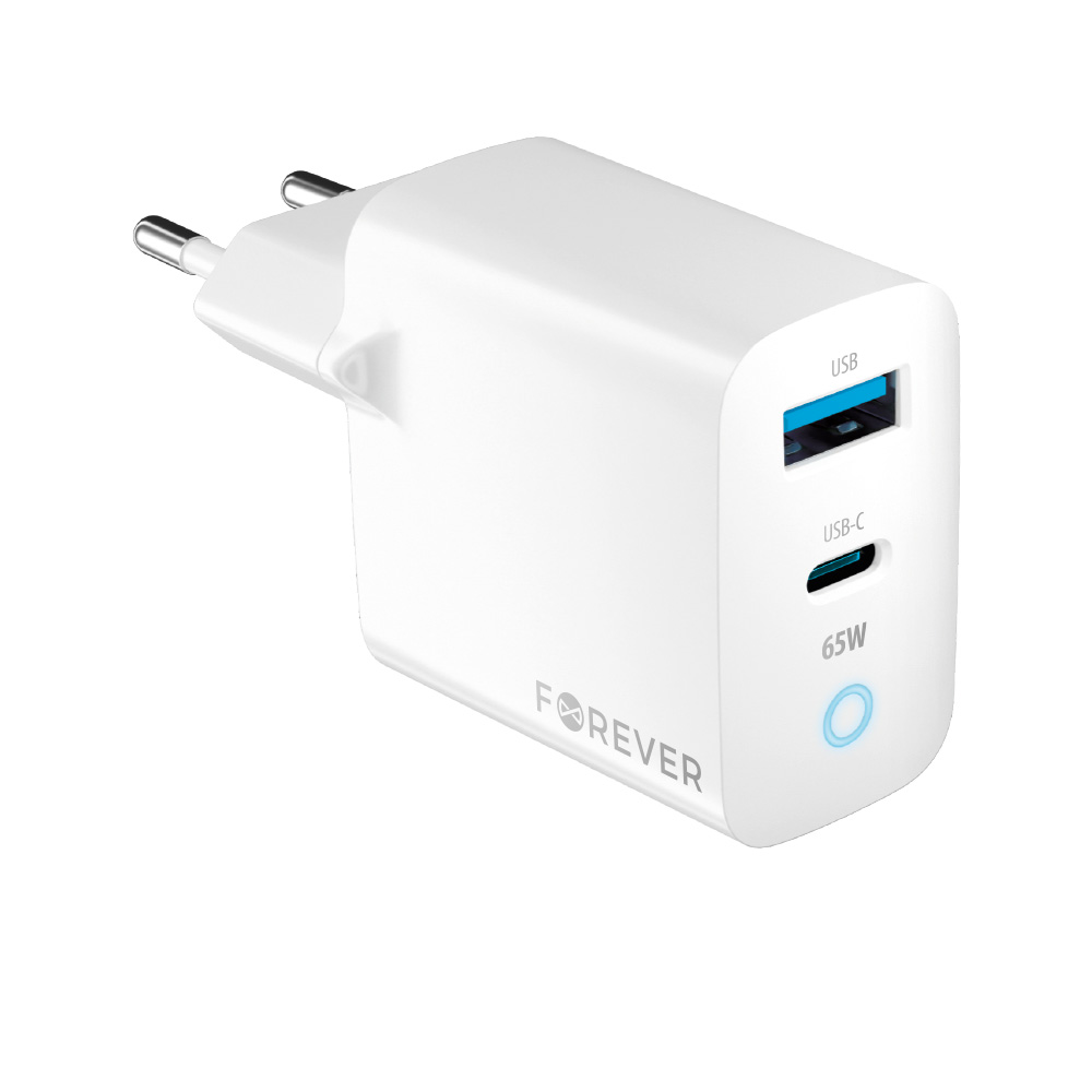Forever TC-06-65AC GaN PD QC laddare 1x USB-C 1x USB 65W vit
