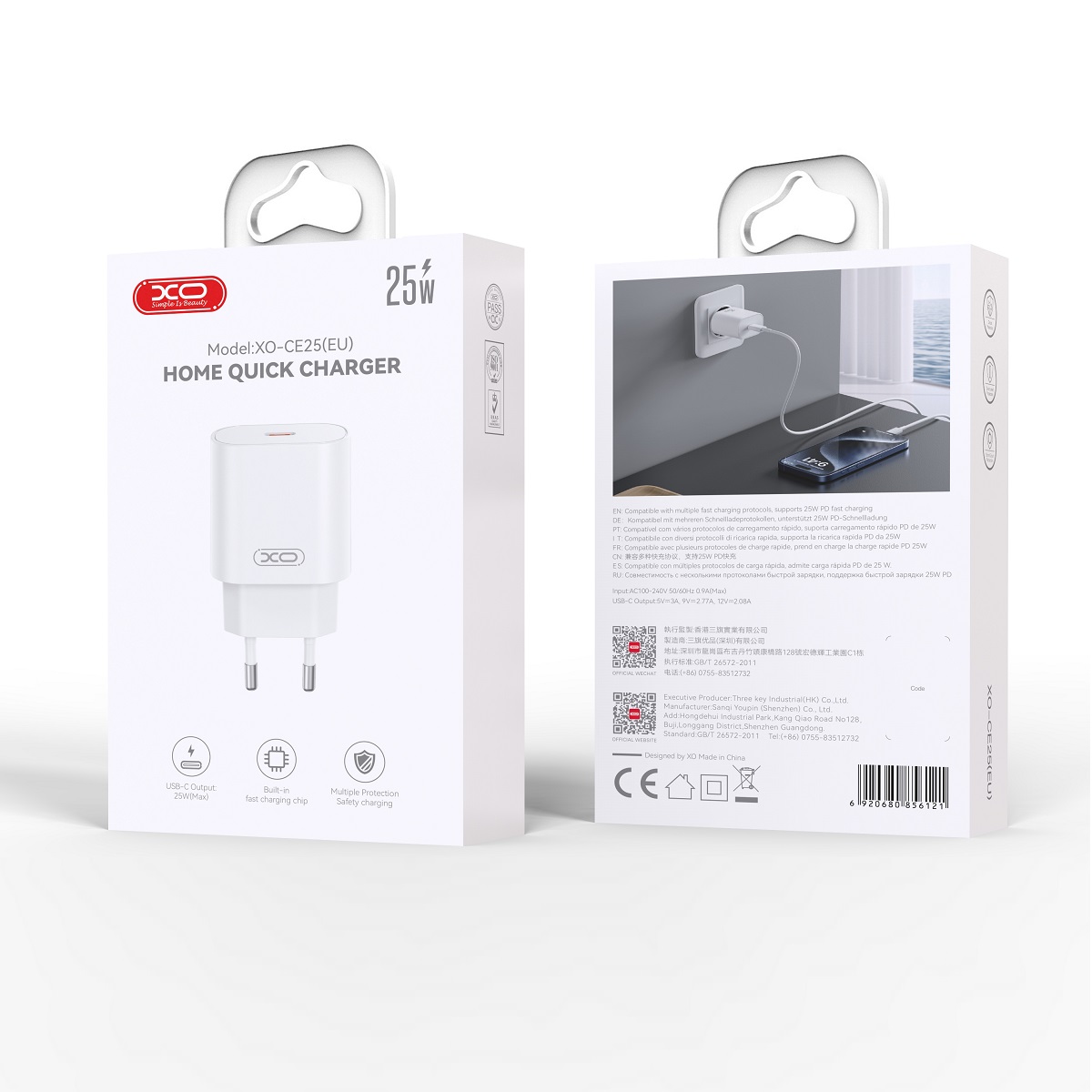 XO wall laddare CE25 PD 25W 1x USB-C vit