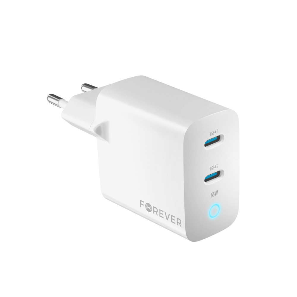 Forever TC-06-65CC GaN PD QC laddare 2x USB-C 65W vit