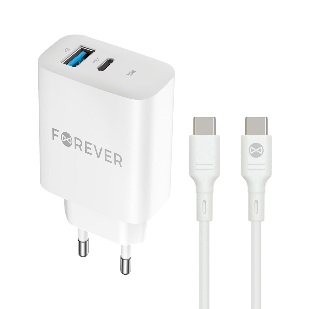 Forever TC-07-30AC PD QC laddare 1x USB-C 1x USB 30W vit + USB-C - USB-C kabel 60W