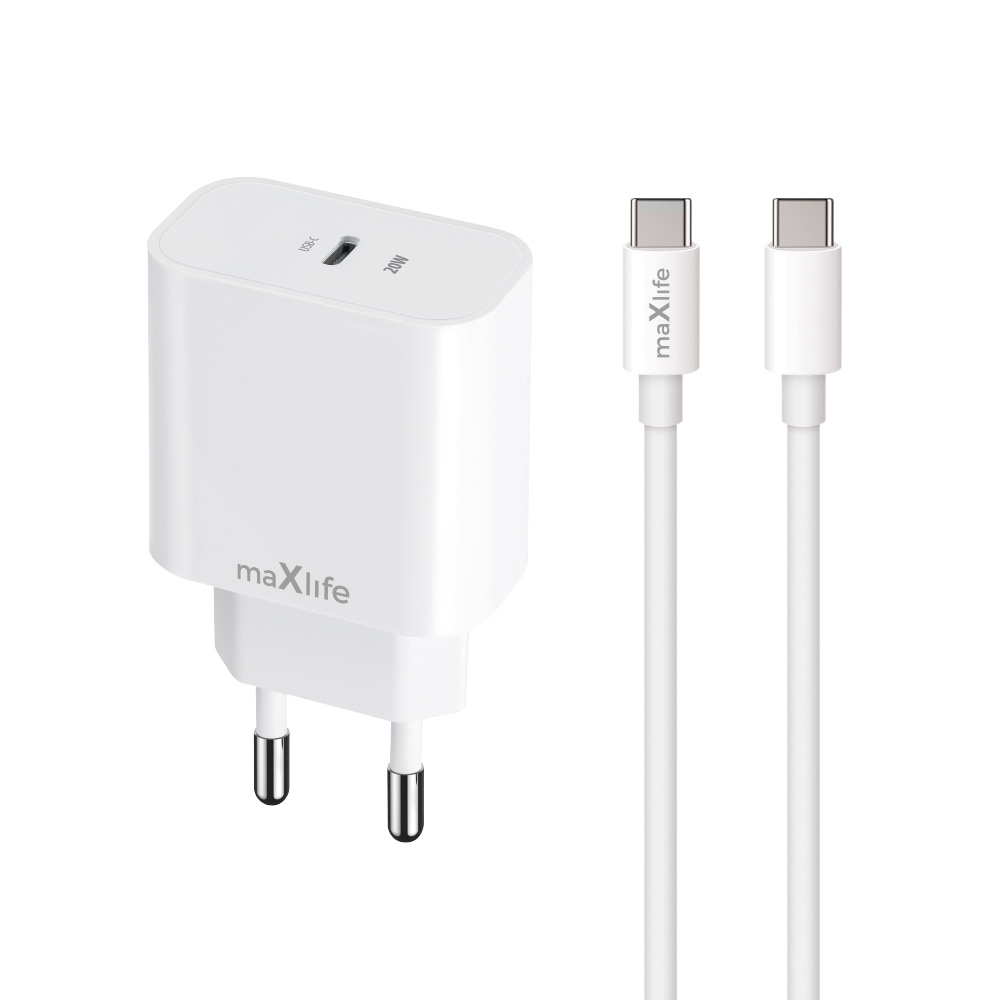 Maxlife MXTC-06-20C PD QC laddare 1x USB-C 20W vit + USB-C - USB-C kabel 20W