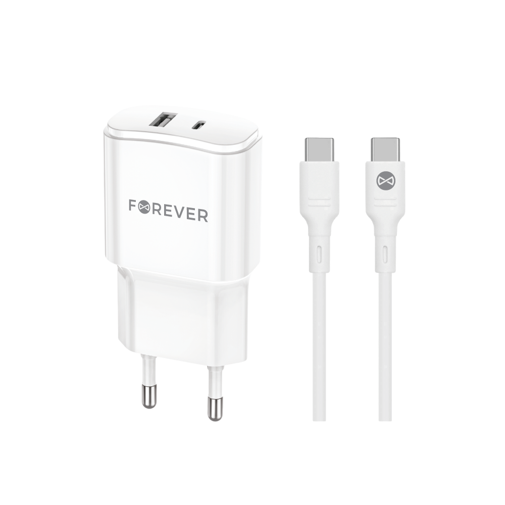Forever TC-01-20AC PD QC laddare 1x USB-C 1x USB 20W vit + USB-C - USB-C kabel 20W