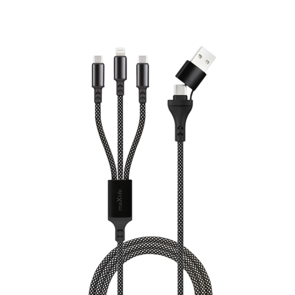 Maxlife ALLin1 kabel USB + USB-C - Lightning + 2x USB-C 1,0 m 66W svart