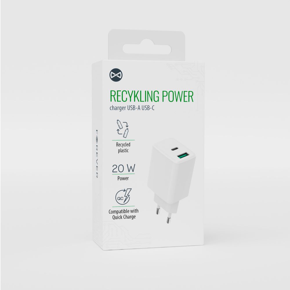 Forever recycled wall laddare USB + USB-C 20W LSR20-AC-00 vit