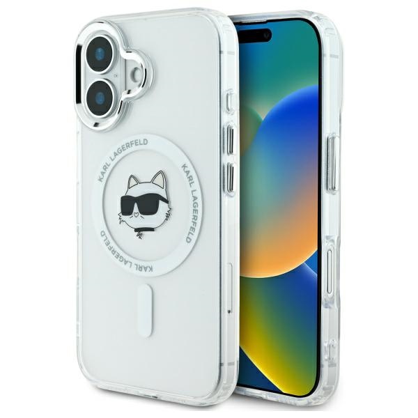 Karl Lagerfeld fodral för iPhone 16 KLHMP16SHLSCHH vit Hard IML Metal Choupette Head MagSafe