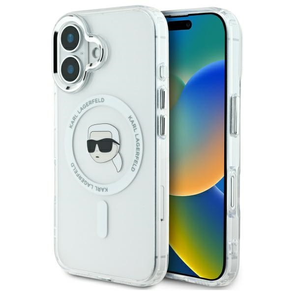 Karl Lagerfeld fodral för iPhone 16 KLHMP16SHLSKIH vit Hard IML Metal Karl Head MagSafe