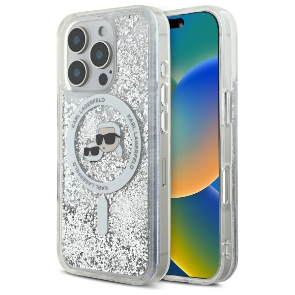 Karl Lagerfeld fodral för iPhone 16 Pro Max KLHMP16XLGKCSGH transparent Hard Liquid Glitter Karl&Choupette Head MagSafe