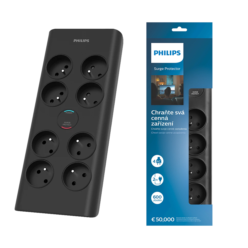 Anti-surge power strip PHILIPS extension cord 8 sockets 2m 16A svart