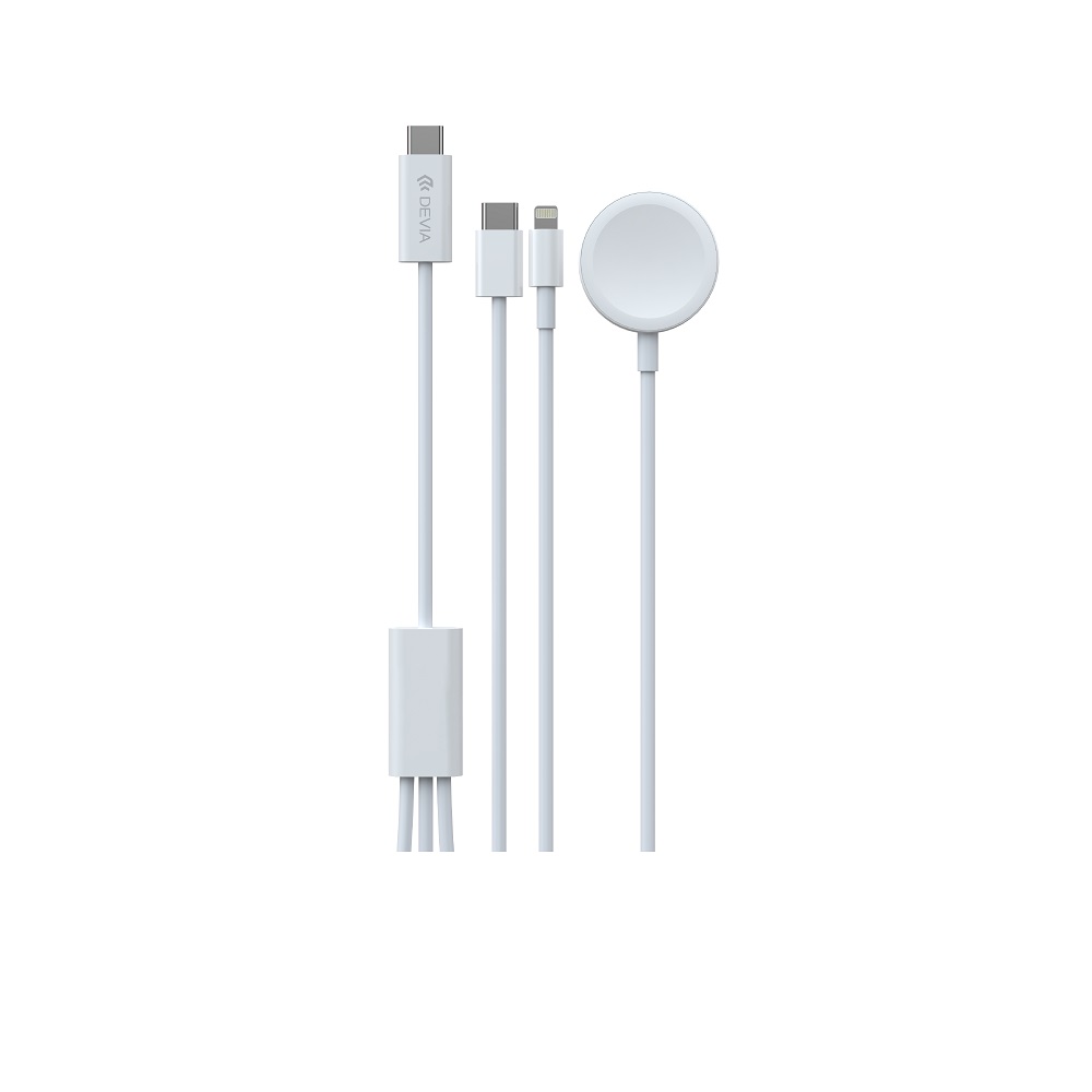 Devia-kabel 3-i-1 Smart EA520 USB-C - USB-C + Lightning med induktiv magnetisk laddare för Apple Watch – Vit