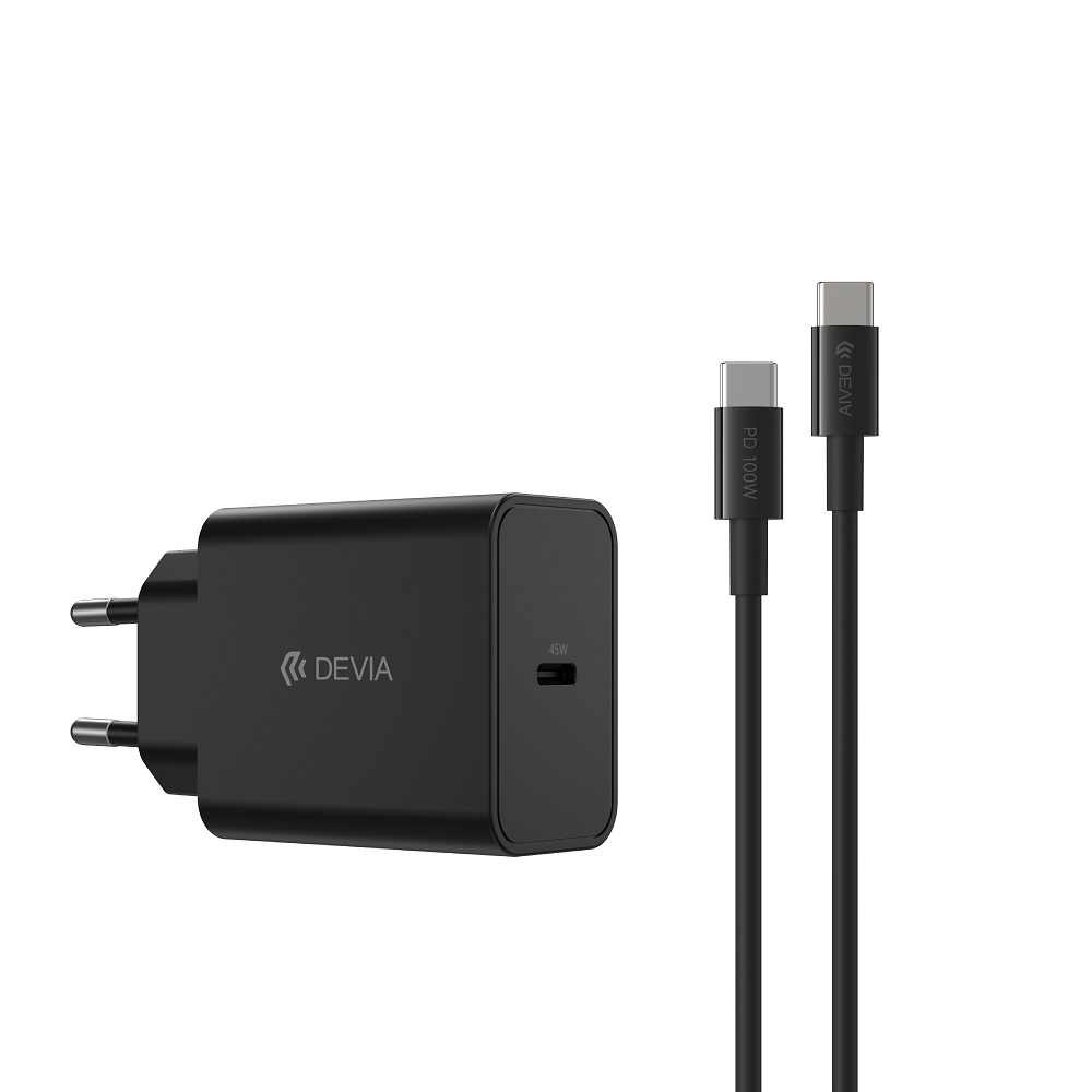 Devia wall laddare Rocket PD 45W 1x USB-C svart+ kabel USB-C - USB-C