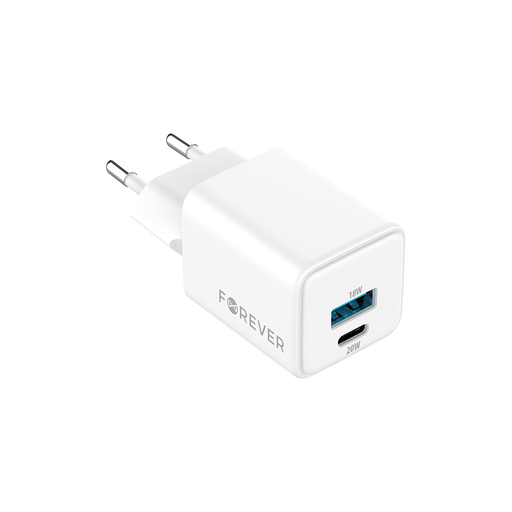 Forever TC-08-20AC GaN PD QC laddare 1x USB-C 1x USB 20W vit