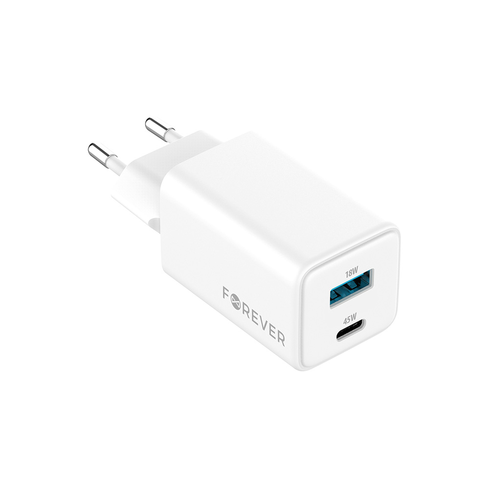 Forever TC-08-45AC GaN PD QC laddare 1x USB-C 1x USB 45W vit