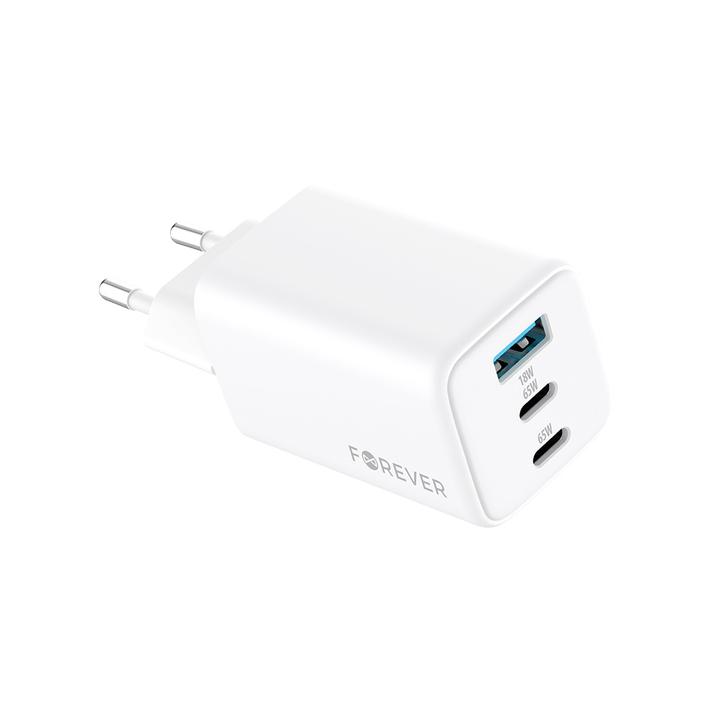 Forever TC-08-65ACC GaN PD QC laddare 2x USB-C 1x USB 65W vit