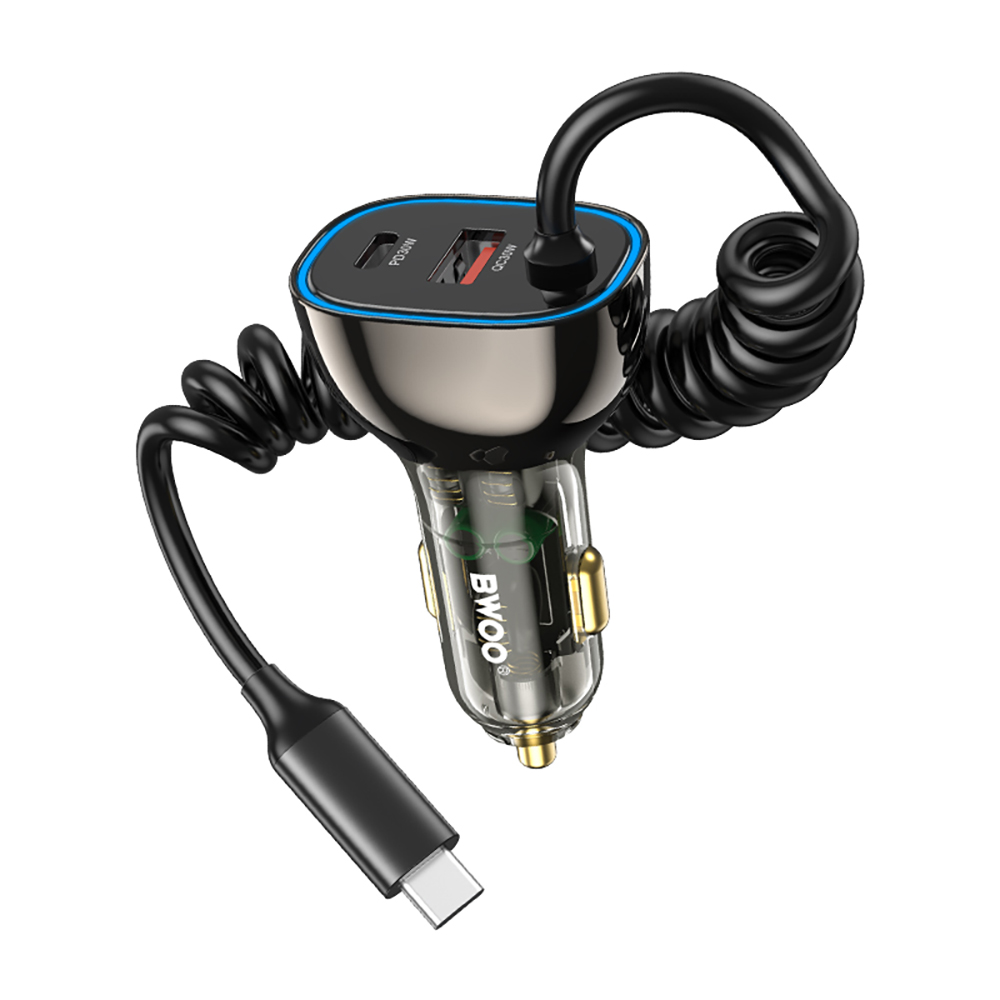 BWOO CC96C 30W PD car laddare 1x USB-C 1x USB port with USB-C kabel grå