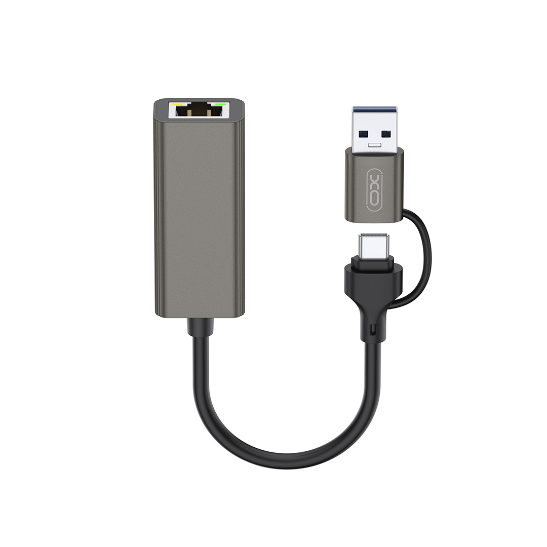 XO adapter HUB HUB018 2w1 USB-USB-C - RJ45 grå
