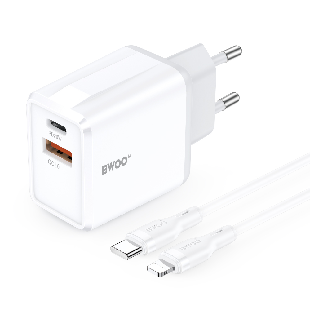 BWOO väggladdare CDA182 QC 38W 1x USB-A + 1x USB-C med USB-C-Lightning-kabel 1 m – Svart