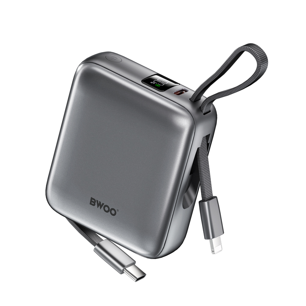 BWOO power bank P74 22 5W 10000 mAh with 2 built-in cables 1 x USB-C 1 x Lightning svart