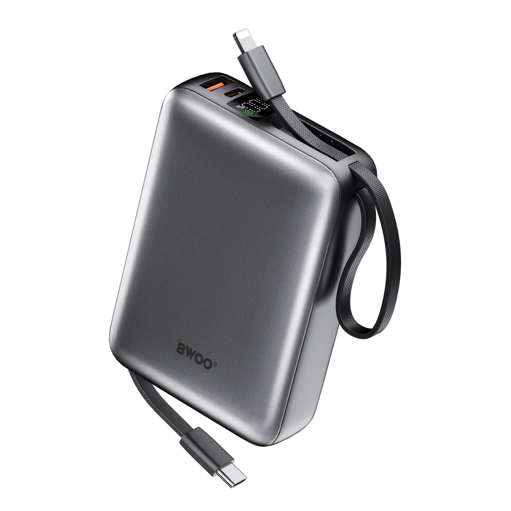 BWOO power bank P73 22 5W 20000 mAh with 2 built-in cables 1 x USB-C 1 x Lightning svart