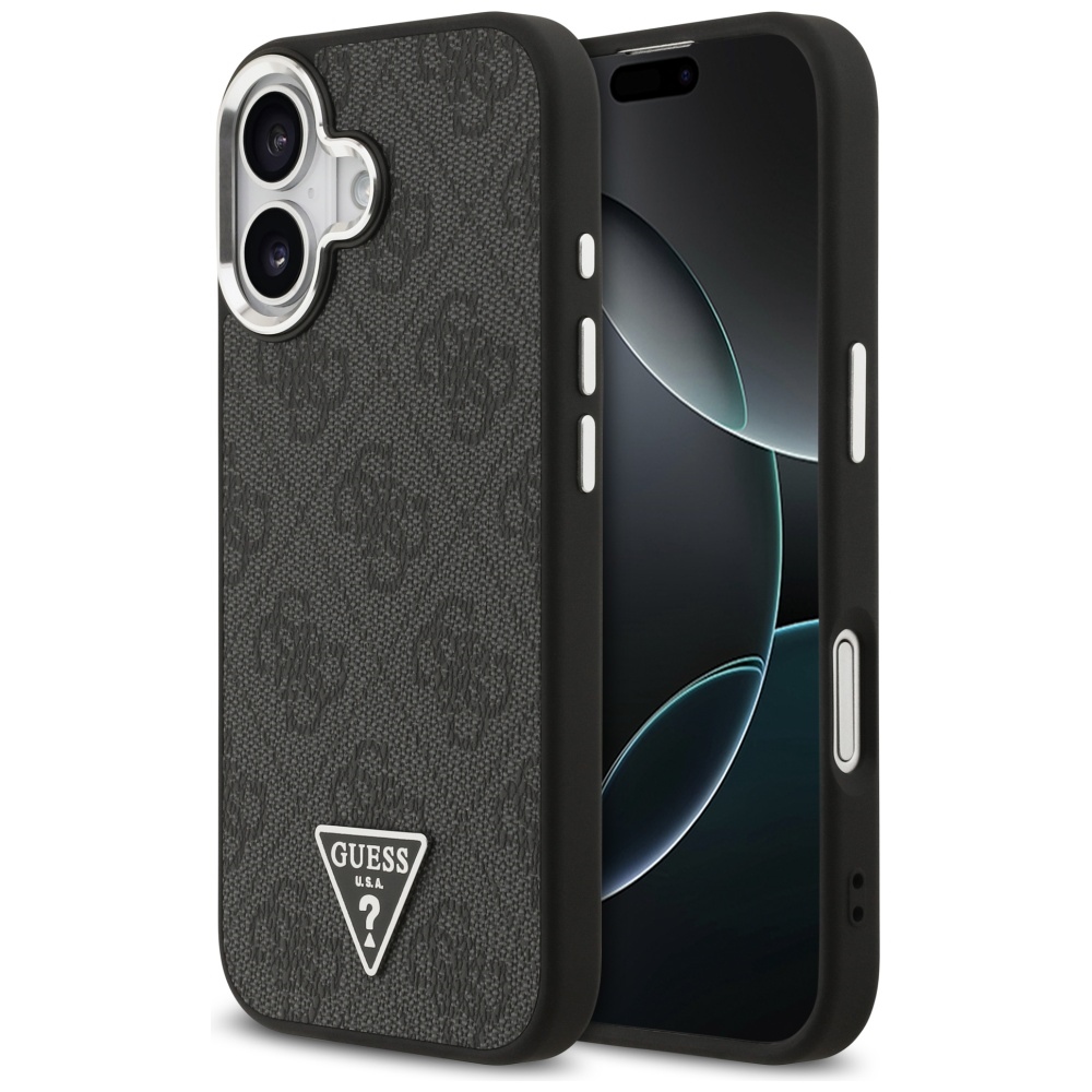 Guess fodral Magsafe 4G PU Leather fodral With Triangle Logo And silver Metal Camera Frame för iPhone 17 svart