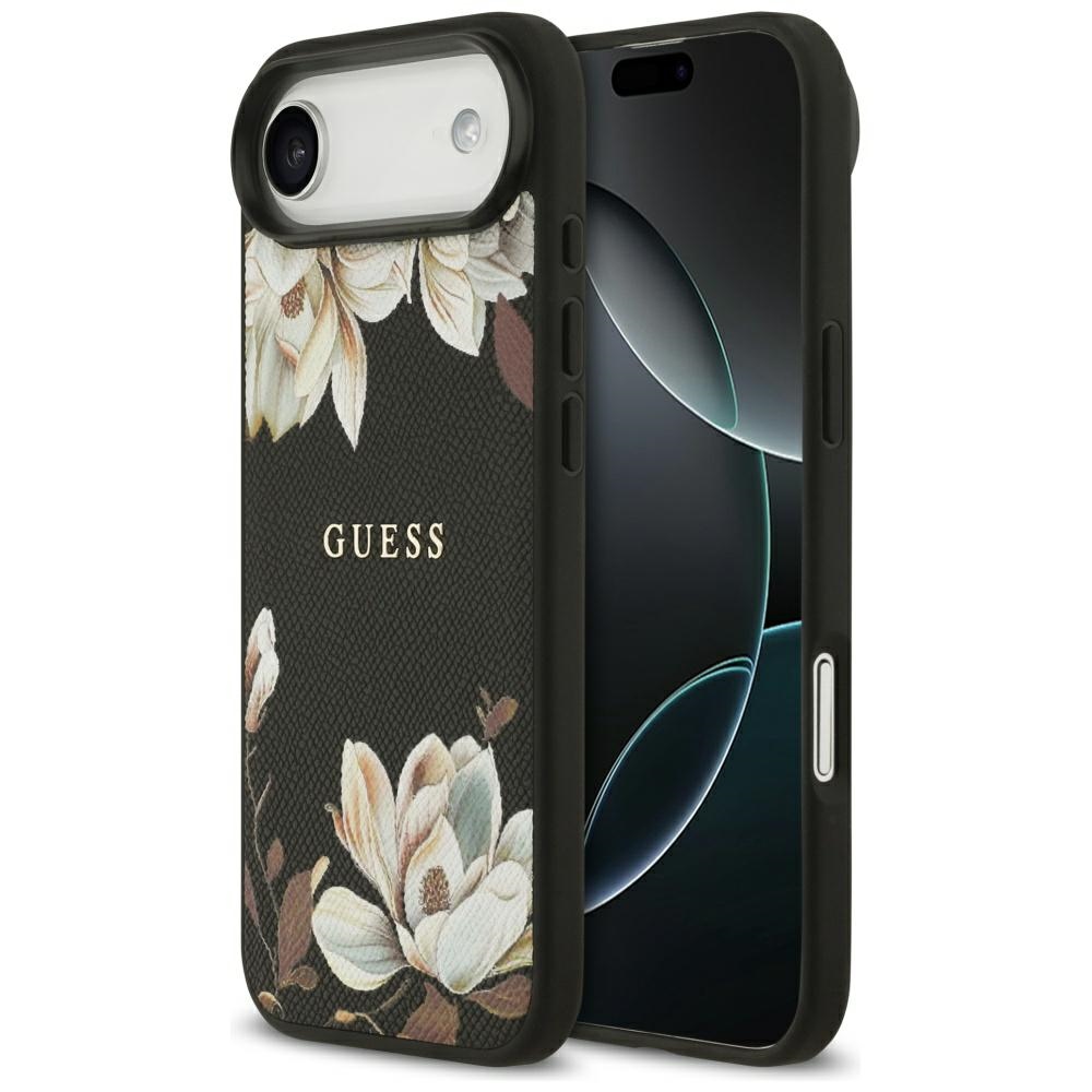 Guess Grained Flowers Classic Logo MagSafe fodral för iPhone Air svart