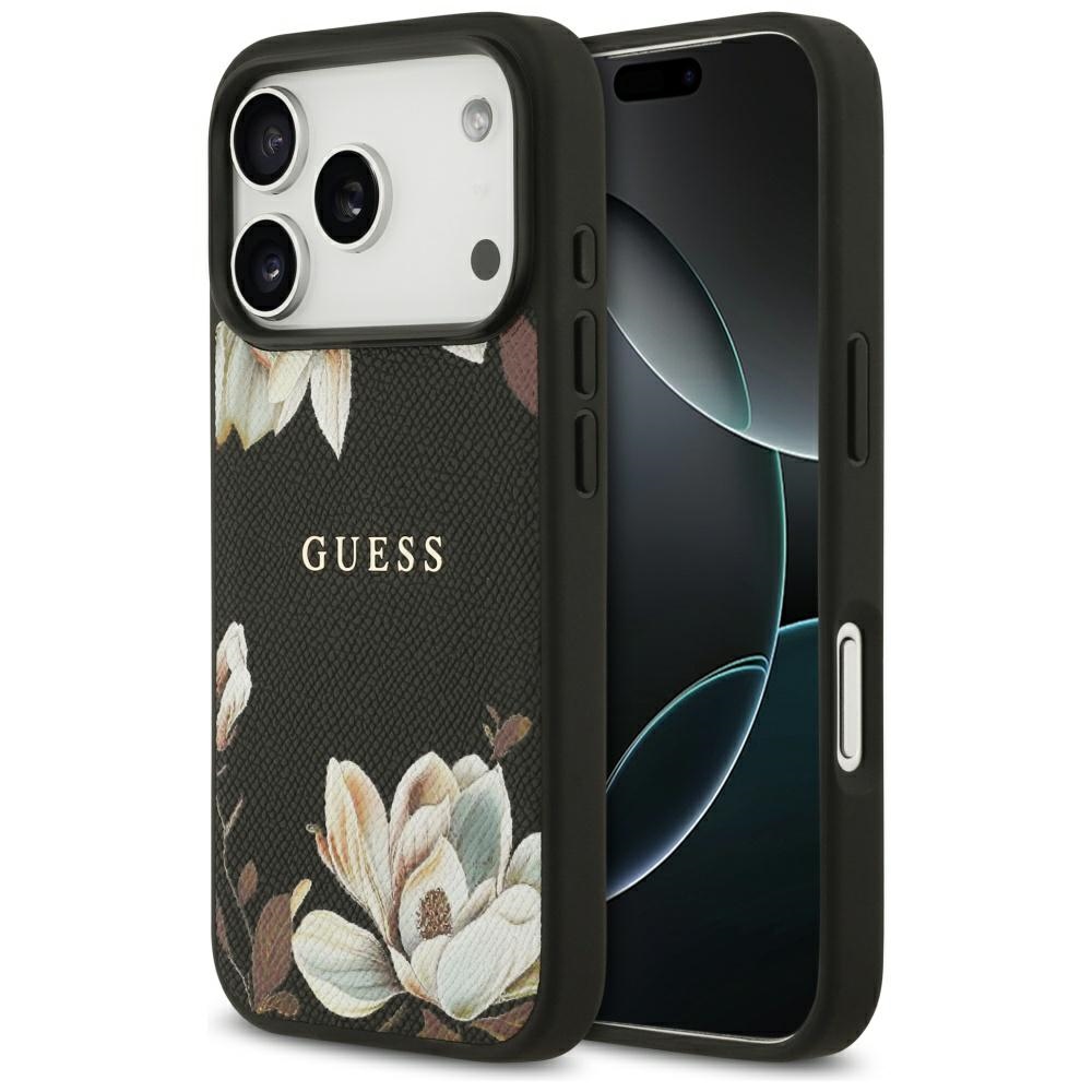 Guess Grained Flowers Classic Logo MagSafe fodral för iPhone 17 Pro svart