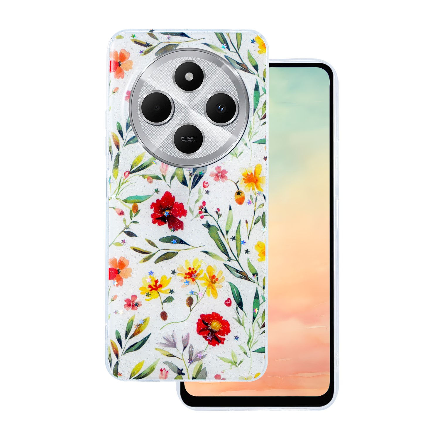 Glow Glam fodral för Xiaomi Redmi 14C 4G / 14C 5G / POCO C75 / Redmi 17C 4G vit