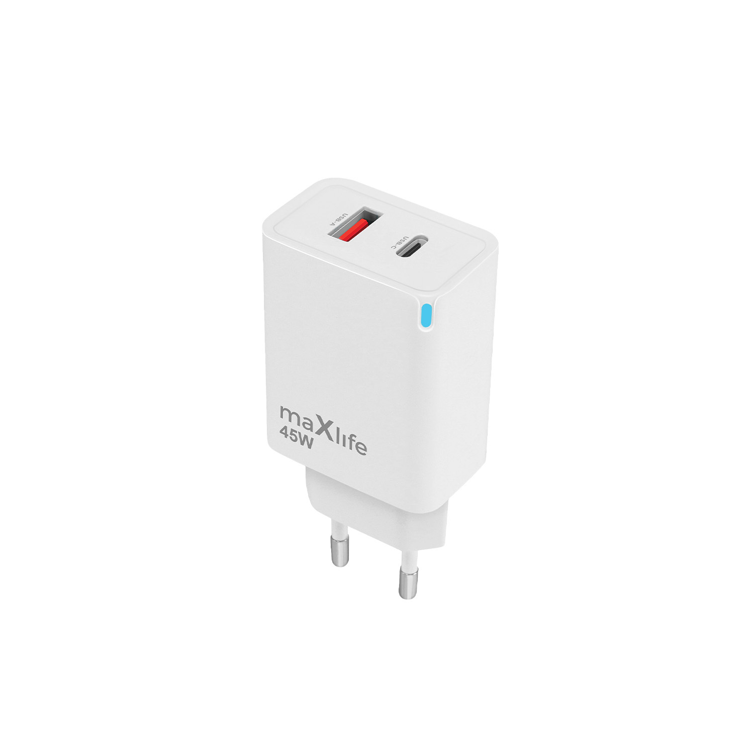 Maxlife MXTC-09-45AC GaN PD QC laddare 1x USB-C 1x USB 45W vit
