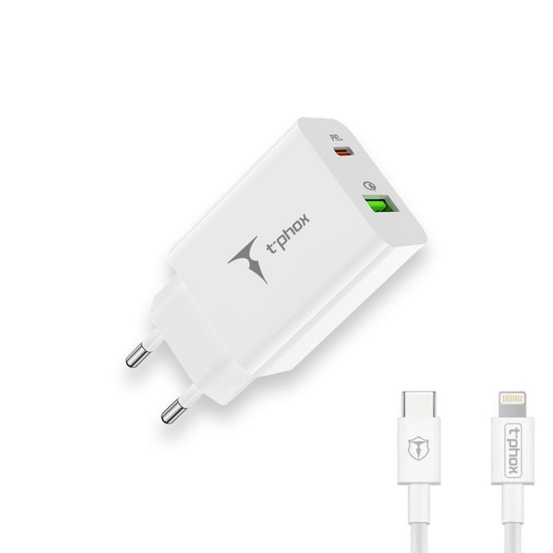 WALL laddare T-PHOX SPEEDY USB-C 20W / USB 18W PD QC + kabel LIGHTNING 1M vit