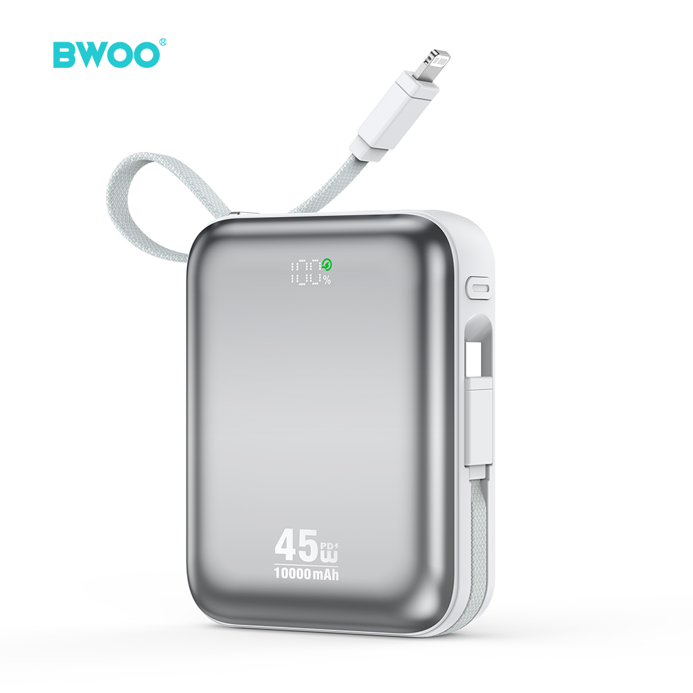 BWOO power bank P77 45W, 10000 mAh with USB-C and Lightning kabel, grå