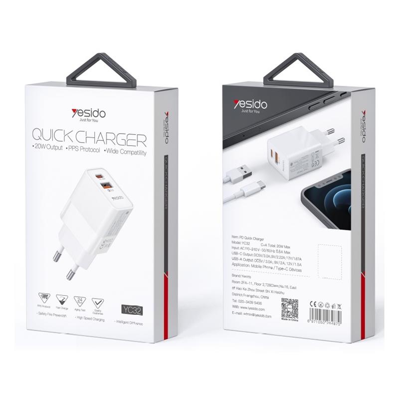 YESIDO WALL laddare YC32 PD 20W QC3 0 USB-A+C vit
