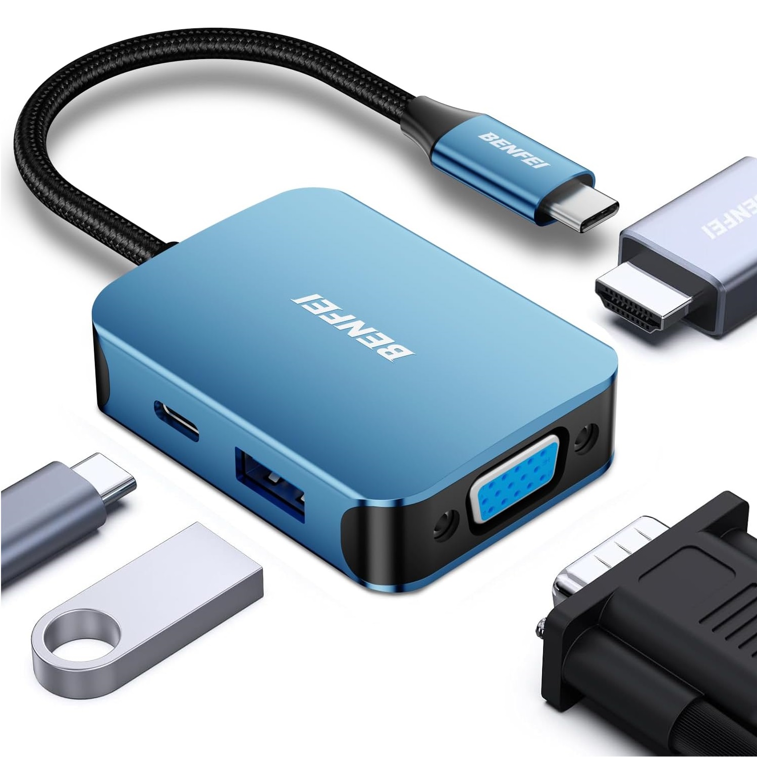 BENFEI adapter hub 4 in 1 USB-C to 4K HDMI USB-C 1x USB A VGA blå