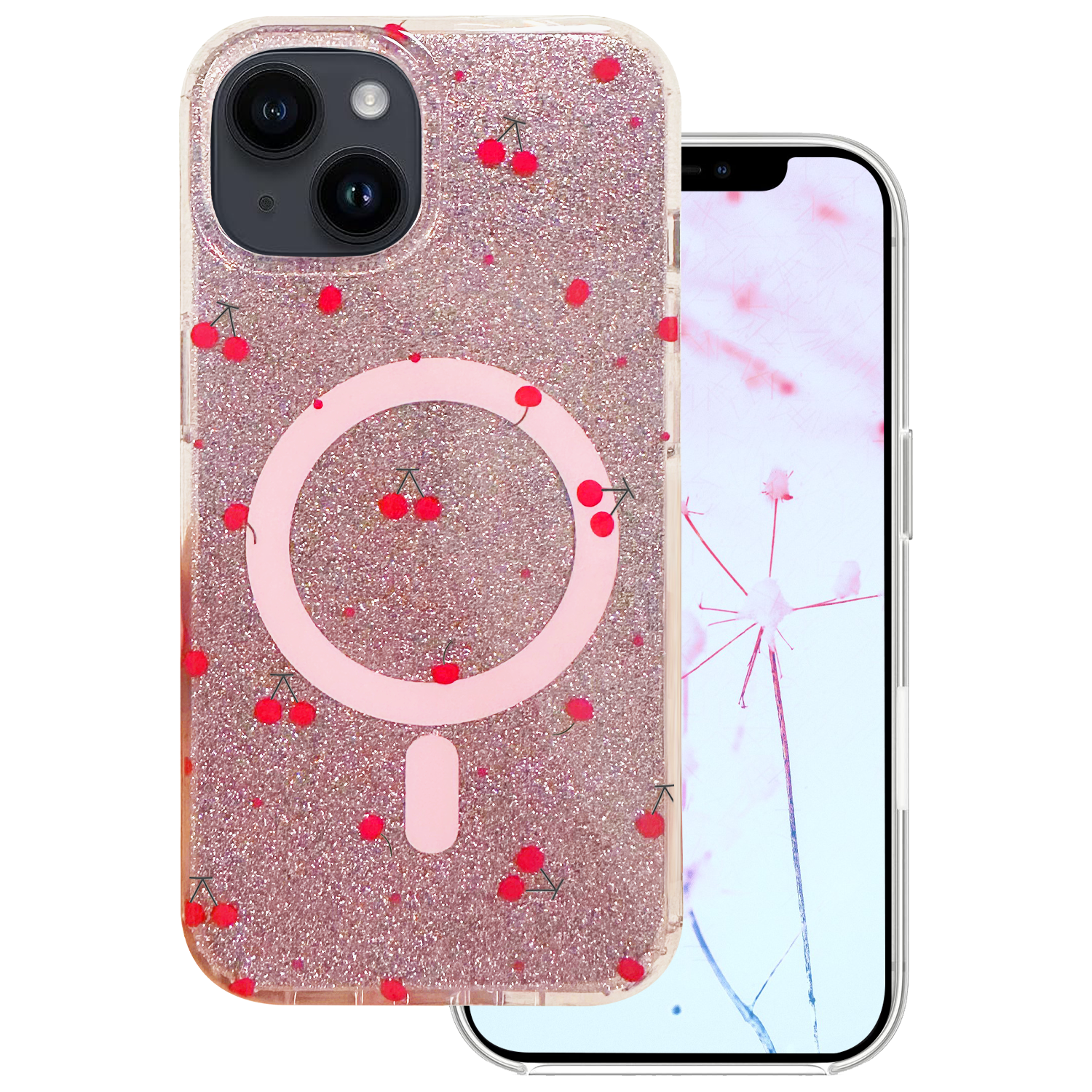 Cherry Mag skal för iPhone 15 glitter