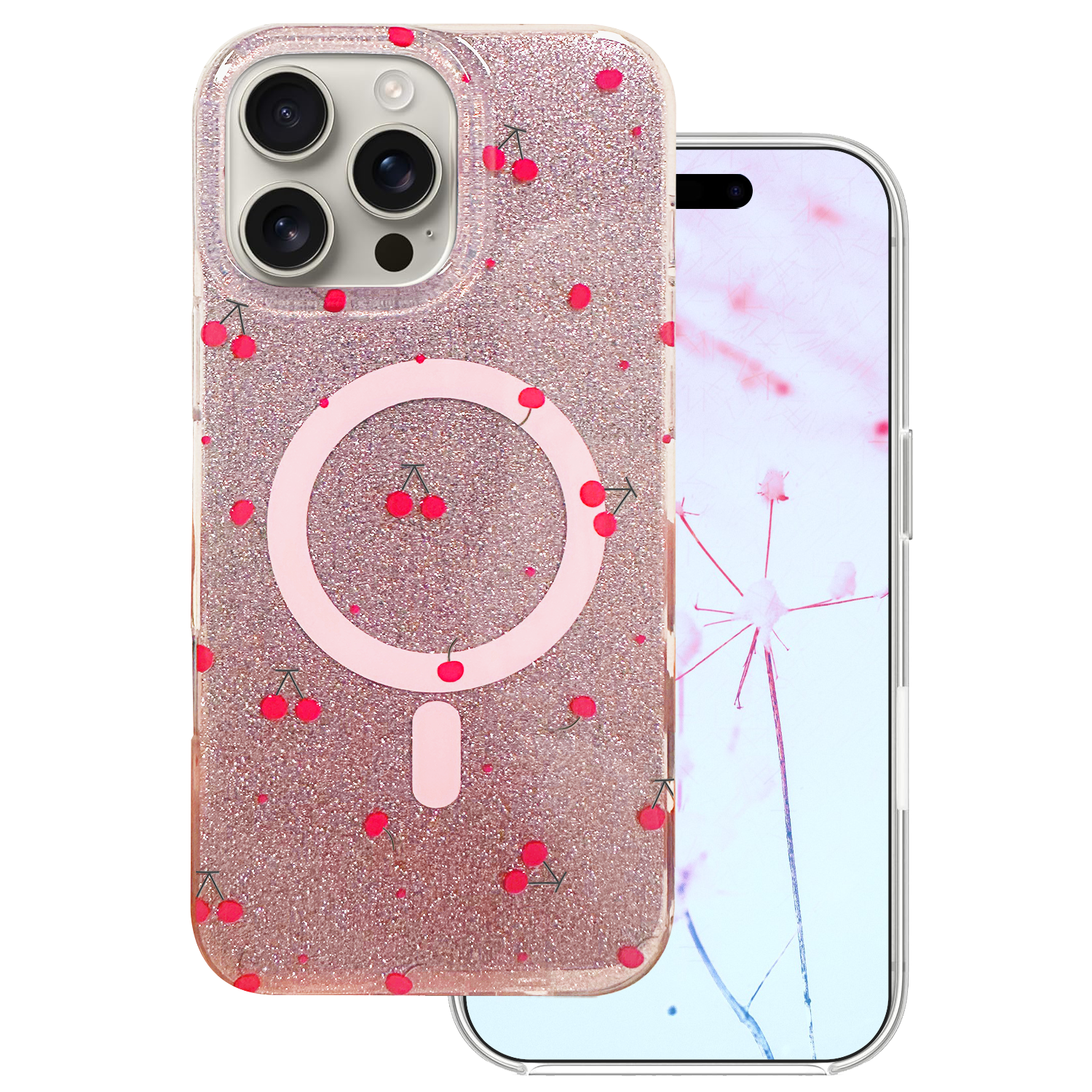 Cherry Mag skal för iPhone 16 Pro Max glitter