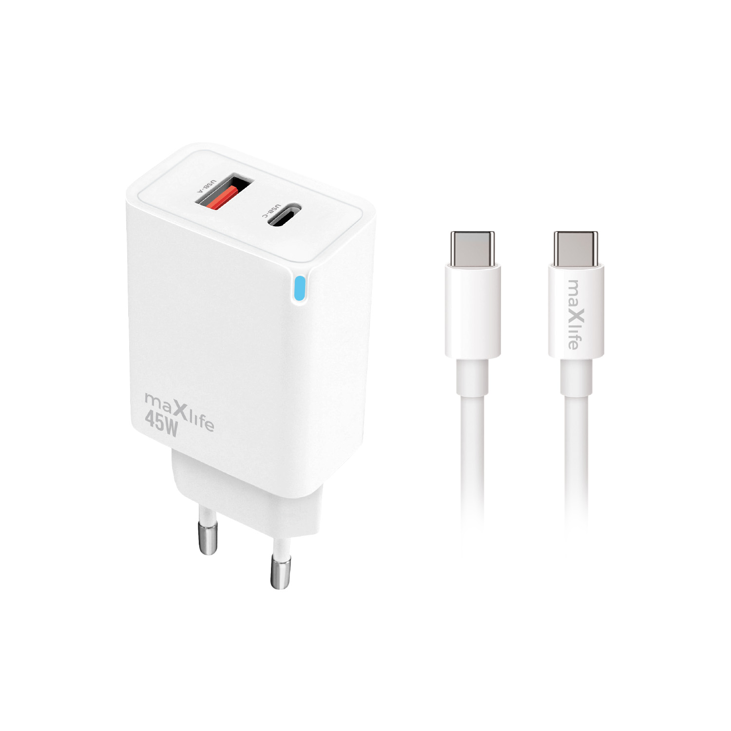 Maxlife MXTC-09-45AC GaN PD QC laddare 1x USB-C 1x USB 45W vit + USB-C - USB-C kabel 2 0m 60W