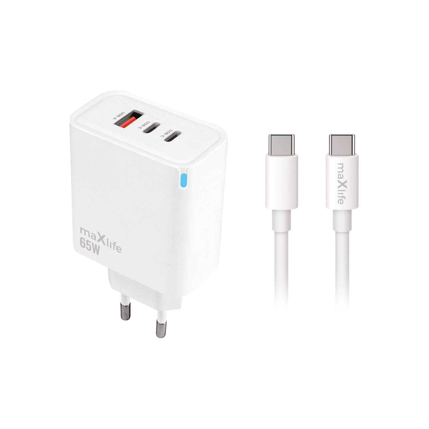 Maxlife MXTC-09-65ACC GaN PD QC laddare 2x USB-C 1x USB 65W vit + USB-C - USB-C kabel 2 0m 100W