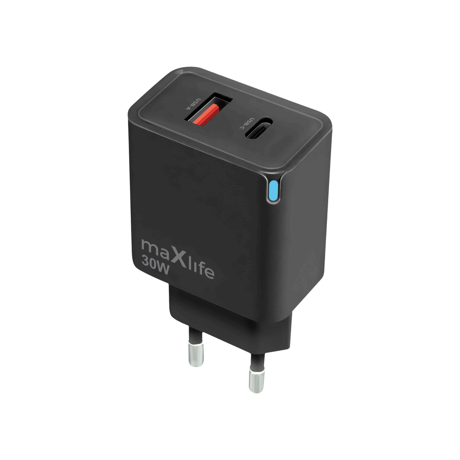 Maxlife MXTC-09-30AC GaN PD QC laddare 1x USB-C 1x USB 30W svart