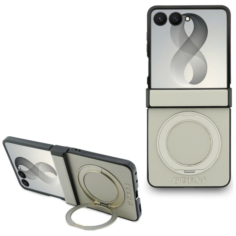 Guess HC Magnetic Ring ställ Grained PU Classic Logo fodral för Samsung Galaxy Z Flip 8 beige